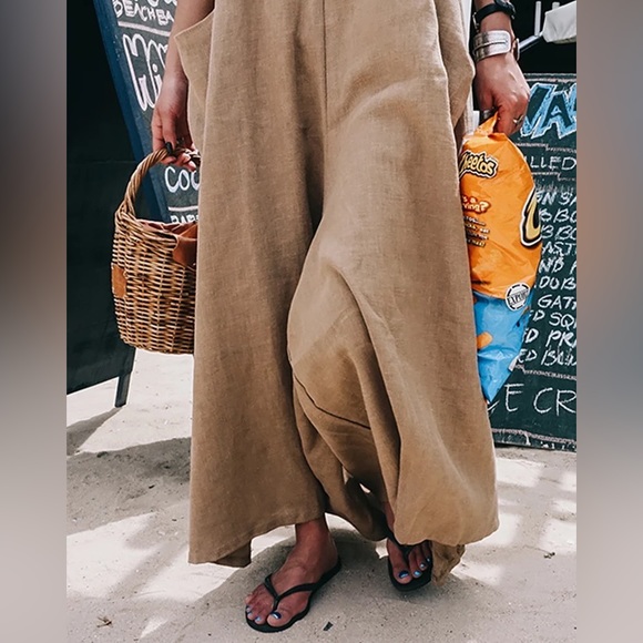 Sleeveless Scoop Neck Big Pocket Cotton Linen Boho Wide Leg Jumper Overalls - Picture 12 of 13